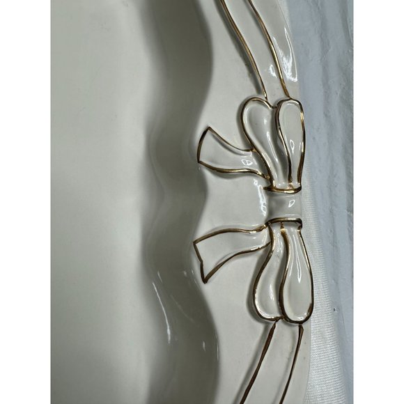 Gibson Serving Tray Platter Cheese Turkey Cookies White Gold Bow Trim Handles - Picture 3 of 7